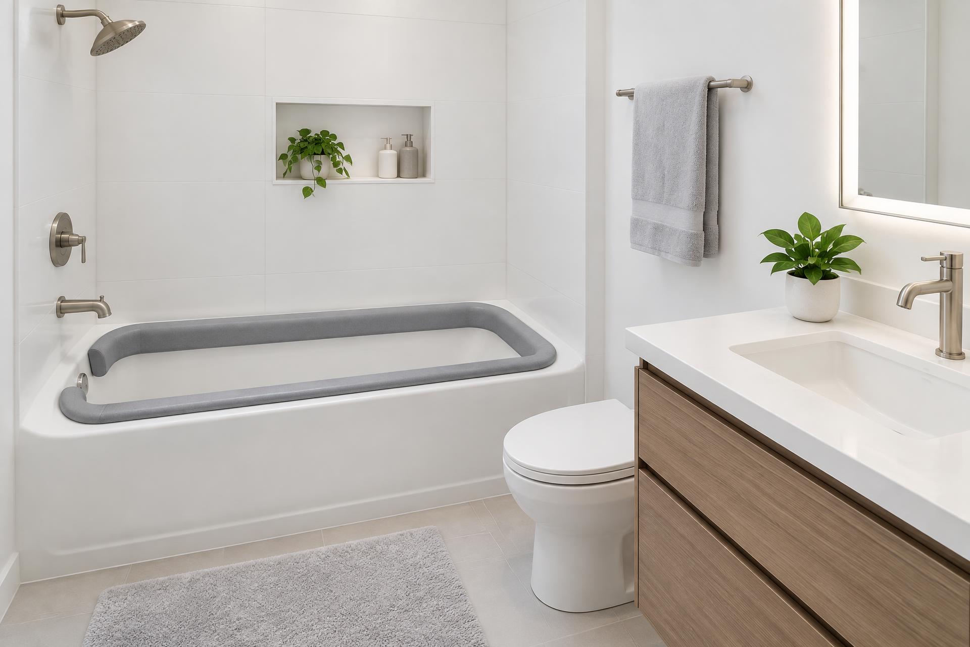 A contemporary bathroom with the gray Tub Bumper fitted around the bathtub's inner rim